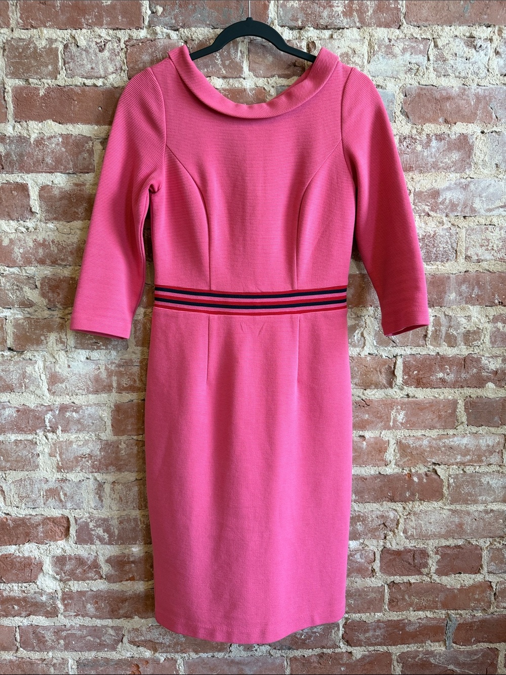 Boden Pink Midi Dress with Navy Stripe Waist Detail